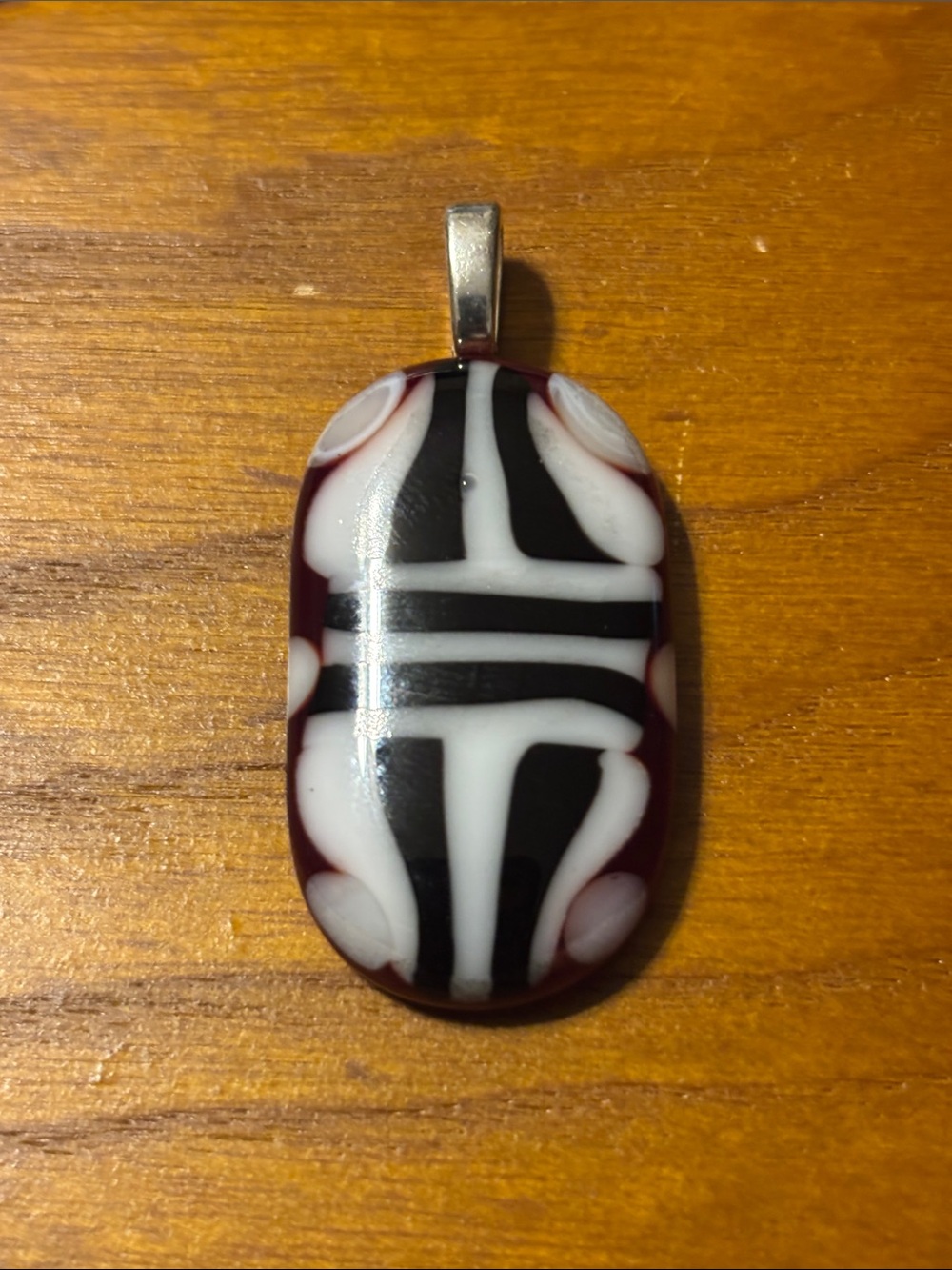 Artisan Red Fused Glass Pendant With Black White Geometric Design Tribal Design